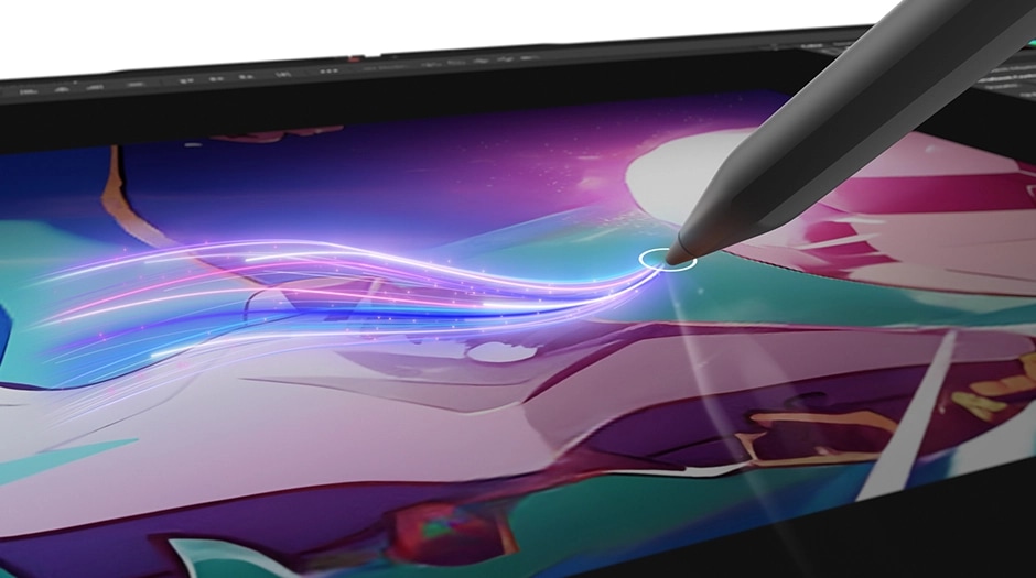 Closeup of the Yoga Pen Gen 2 against the display of the Lenovo Yoga 2-in-1 Gen 11 Aura Edition (14” Intel).