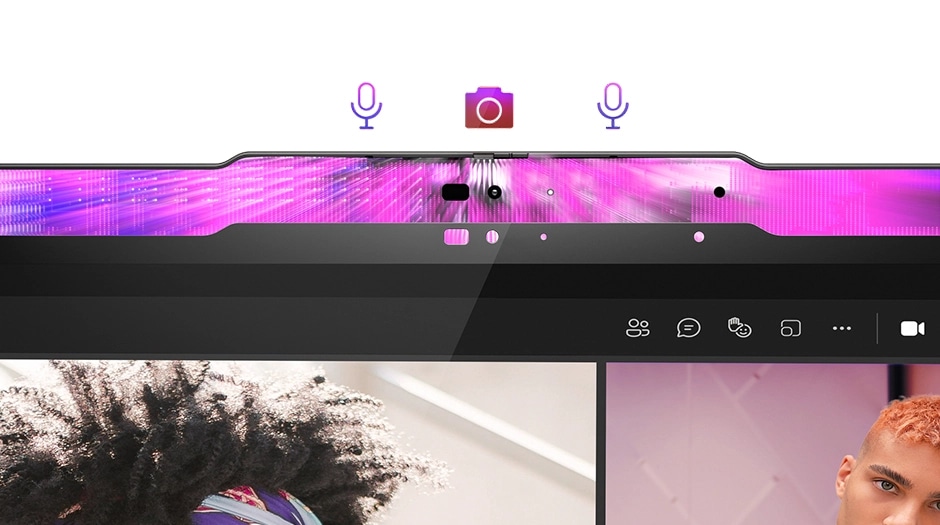 Closeup of the webcam and mic array on the Lenovo Yoga 2-in-1 Gen 11 Aura Edition (14” Intel). מחשב נייד Yoga 7 2-in-1 14IPH11 83TC004MIV מבית Lenovo