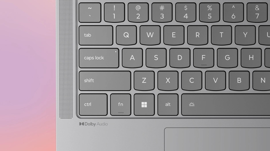 Lenovo IdeaPad Slim 5a Gen 11 (14" AMD) grey laptop, focusing its right side of the keyboard & showing its keys, speaker vents & Dolby Audio sticker. מחשב נייד IdeaPad Slim 5 14AHP11 83S3001KIV מבית Lenovo