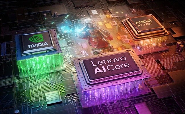 Lenovo Legion 5 5YMJ | 15.3" WQXGA 165Hz | AMD Ryzen AI 7 450 |16GB DDR5 | 1TB SSD | 5050 8GB | 440 AI TOPS 16 Chips labeled Lenovo AI Core, NVIDIA, and AMD Ryzen emphasize performance—Lenovo Legion 5a Gen 11 (15" AMD).