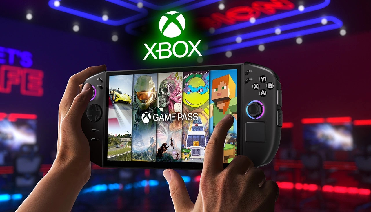 A person holds the Lenovo Legion Go Gen 2 (8.8”) with an Xbox PC Game Pass interface on the display.