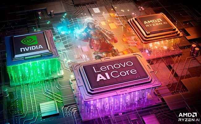 Lenovo AI Core, NVIDIA, & AMD Ryzen AI chips on a circuit board, highlighting advanced tech in Lenovo Legion 5a Gen 11 (15” AMD) gaming laptop.