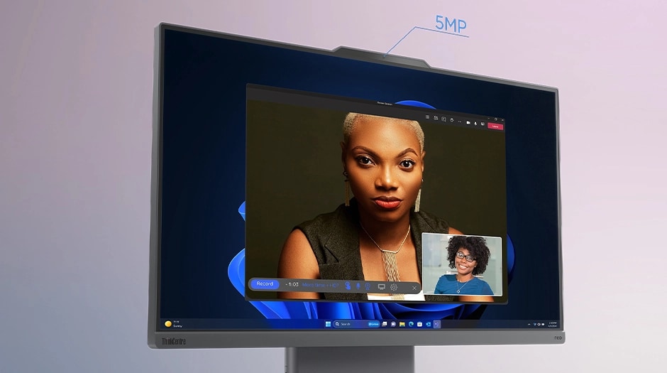 Video call and 5MP camera indicator on the 24-inch display of the Lenovo ThinkCentre Neo 50a Gen 6 (24" Intel) AIO desktop.
