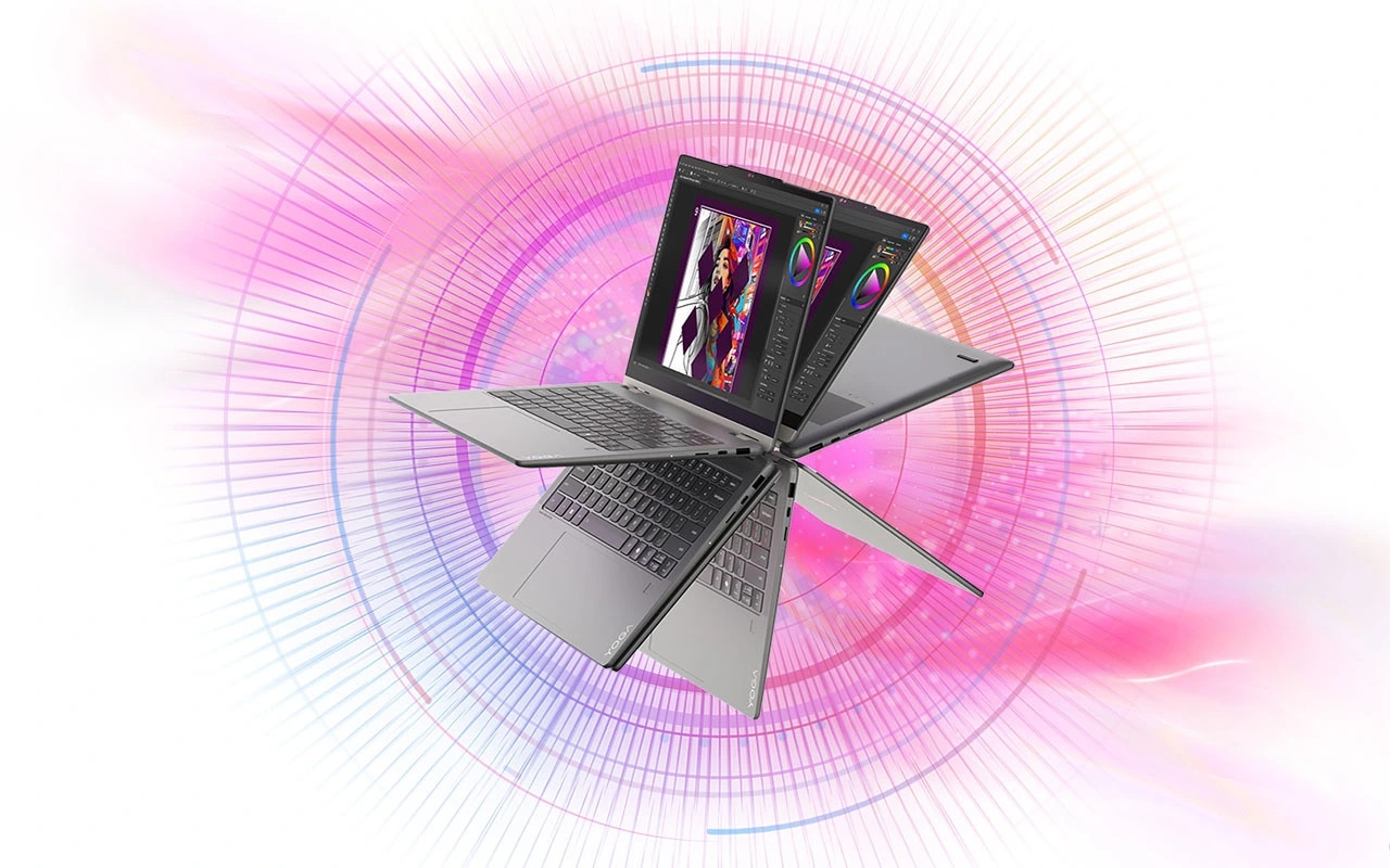 Composite view, showing 360 degree rotatability with a red ring in the background, of the Lenovo Yoga 2-in-1 Gen 11 Aura Edition (14” Intel).