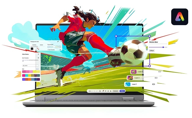 An animated soccer player emerges from the display of the Lenovo IdeaPad Slim 5a (16” AMD). מחשב נייד IdeaPad Slim 5 16AHP11 83S40013IV מבית Lenovo