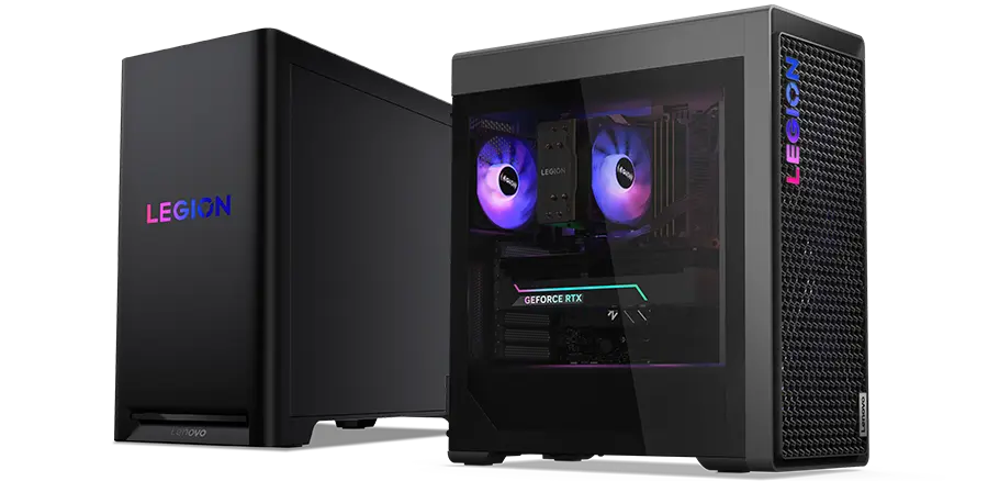 Vistas en ángulo frontal de Lenovo Legion Tower 7i Gen 10 y la PC de escritorio para juegos Lenovo Legion Tower 5 Gen 10. 
