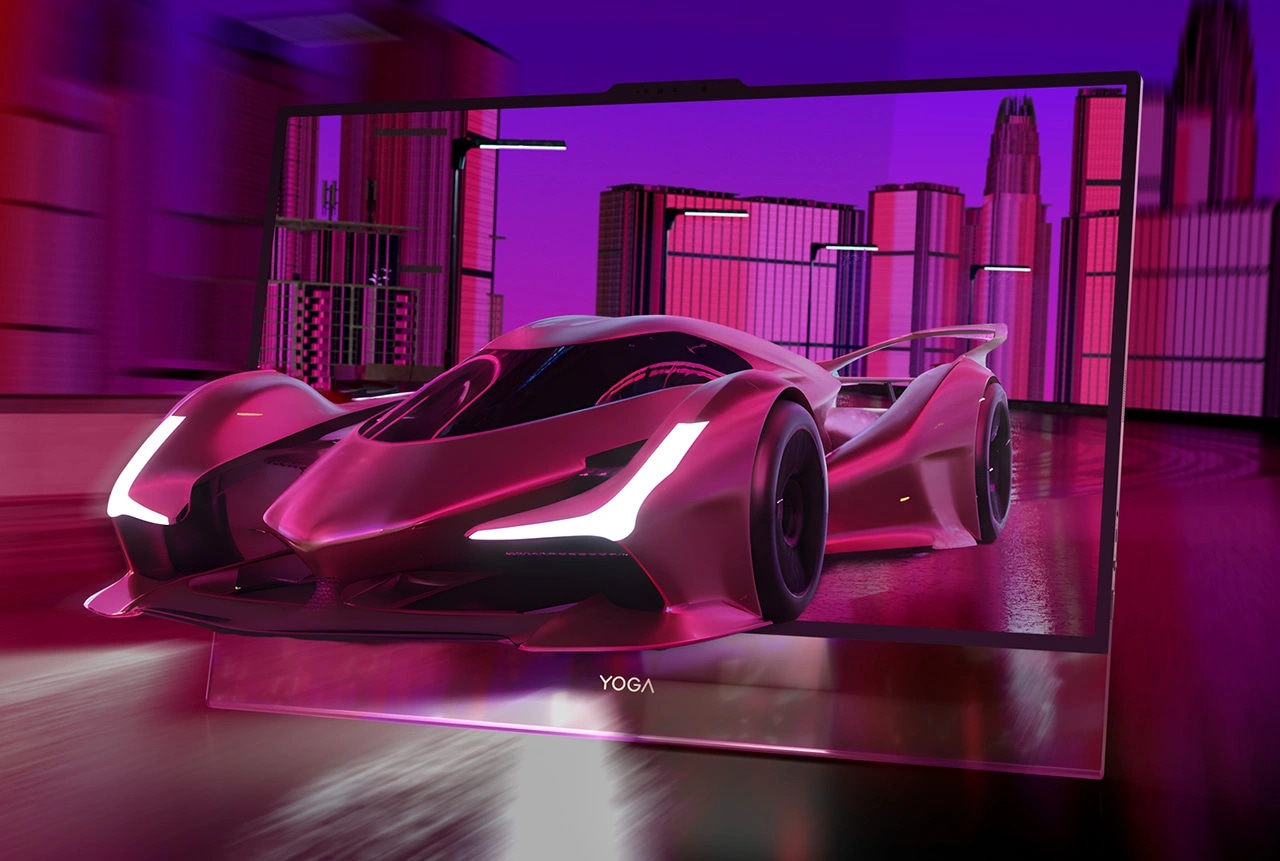 A futuristic car bursting from a screen in a neon cityscape, highlighting the Lenovo Yoga AIO i Gen 11 Aura Edition PC.