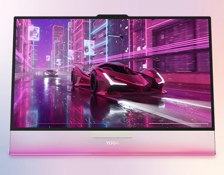 Futuristic cyberpunk cityscape displayed on a vibrant screen of the Lenovo Yoga AIO i Gen 11 Aura Edition PC.