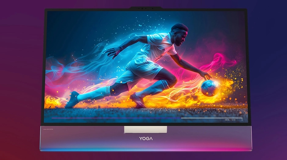 A football player in neon hues displayed on the Lenovo Yoga AIO i Gen 11 Aura Edition PC with immersive visuals.