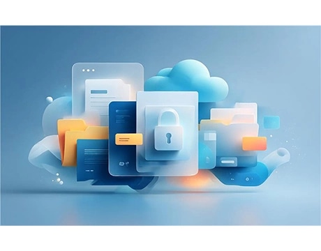 Illustration of secure cloud storage and data management, highlighting innovation with the Lenovo Yoga AIO i Gen 11 Aura Edition.
