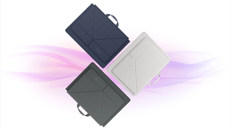 Three Lenovo YOGA sleeves in navy, gray, and white, arranged on a backdrop of swirling colors. מחשב נייד Yoga 9 2-in-1 Aura Edition 14IPH11 83SE001MIV מבית Lenovo
