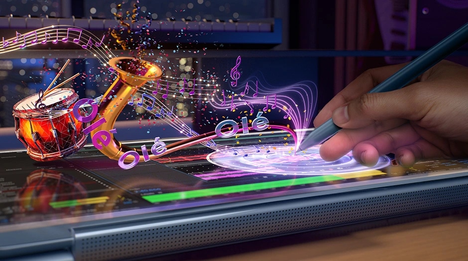 Hand using a stylus on a laptop with vibrant musical graphics, Lenovo YOGA 9i 2-in-1 Gen 11 Aura Edition. מחשב נייד Yoga 9 2-in-1 Aura Edition 14IPH11 83SE001MIV מבית Lenovo