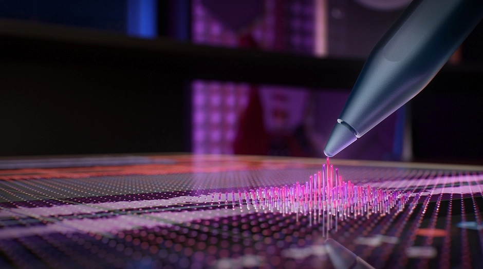 Stylus hovering over a digital audio waveform, highlighting audio editing capabilities on the YOGA 9i 2-in-1 Gen 11 Aura Edition. מחשב נייד Yoga 9 2-in-1 Aura Edition 14IPH11 83SE001MIV מבית Lenovo