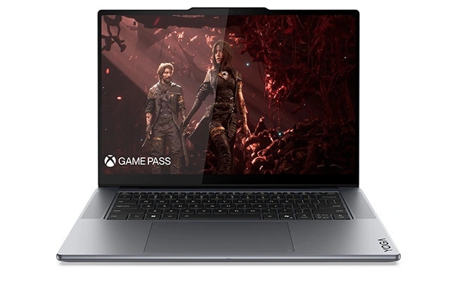 A screenshot from Clair Obscur: Expedition 33, plus the XBOX Game Pass logo, appear on the display of a Lenovo Yoga Pro 7i Gen 11 Aura Edition (15&rdquo; Intel) laptop. מחשב נייד Yoga Pro 7&nbsp;Aura Edition 15IPH11 83SN002PIV&nbsp;מבית Lenovo
