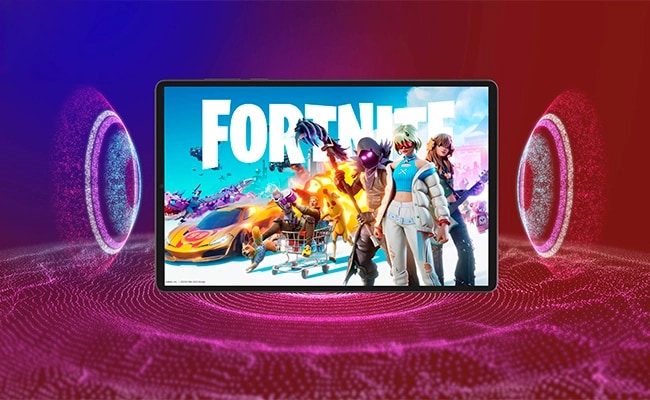A Fortnite screen with sound ripples appearing to emanate from an Eclipse Black Lenovo Legion Tab Gen 5 (8.8" Snapdragon) gaming tablet in portrait orientation.