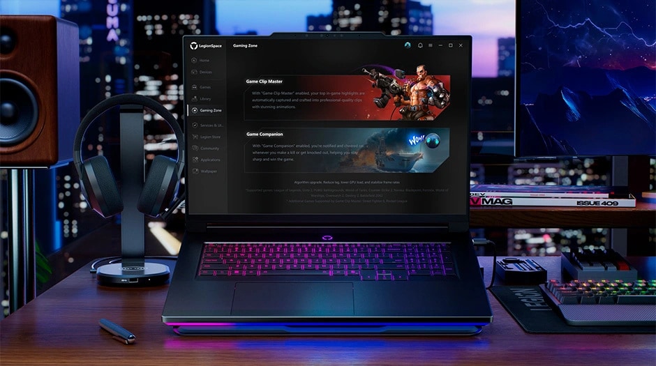 Gaming interface with vibrant graphics on a laptop screen in a techy setting. Lenovo Legion 9i Gen 10. מחשב נייד Legion 9 18IAX10 83EY001GIV מבית Lenovo