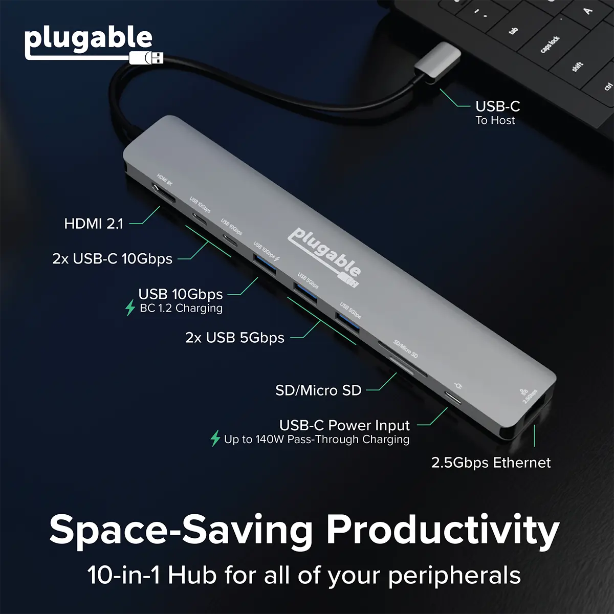 Plugable 10-in-1 USB-C Hub with 4K 144Hz HDMI, 2.5Gbps Ethernet