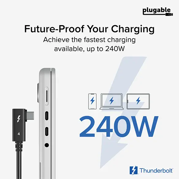 Plugable Thunderbolt 4 Cable with Right Angle Connection, 240W EPR