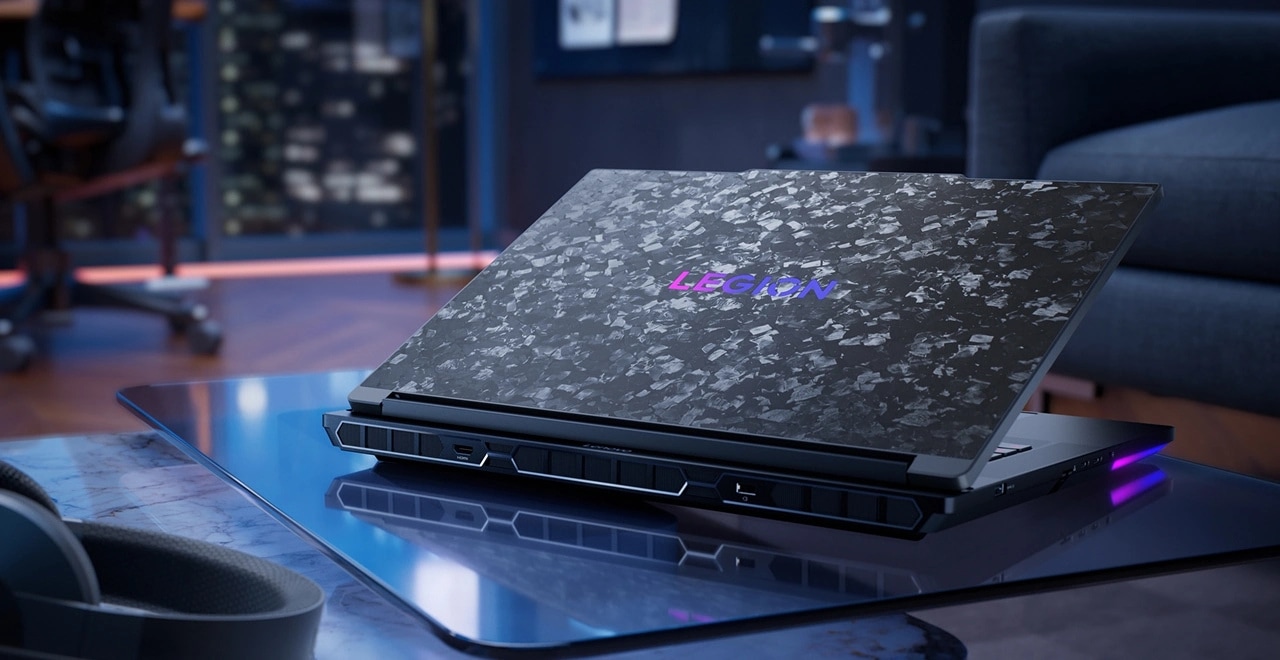 A laptop with a textured lid and glowing 