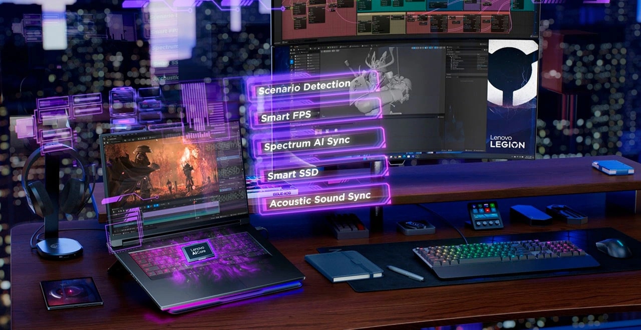 A gaming setup with a laptop displaying digital overlays like 