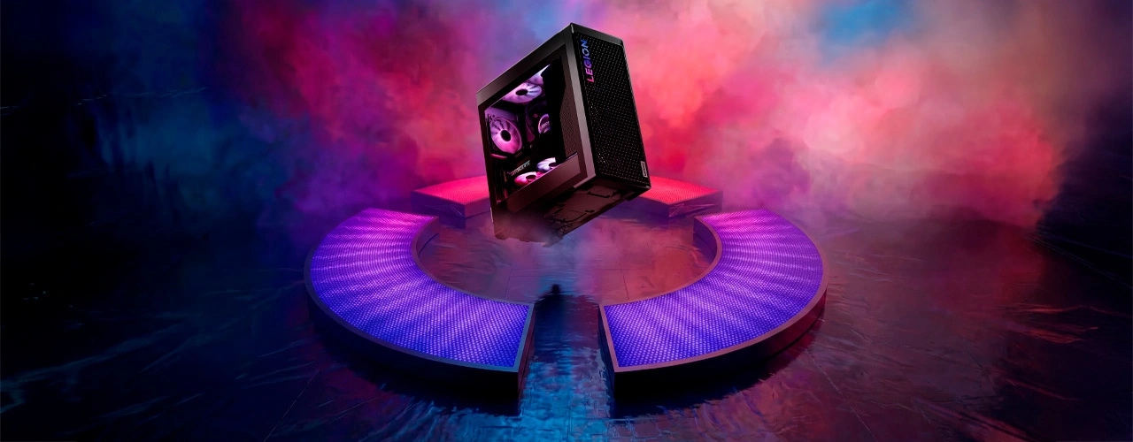 Floating desktop power above a lit Esports World Cup stage, showcasing pro-level performance on Legion Tower 7i Gen 10. 