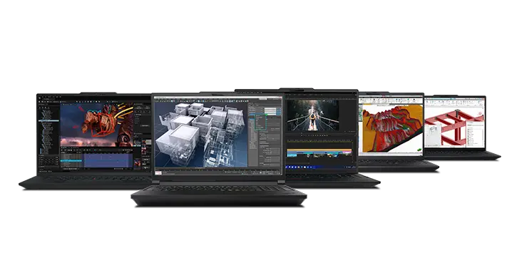 Professional applications for rendering, 3D modeling, video editing & simulation displayed across ThinkPad P Series mobile workstations.
