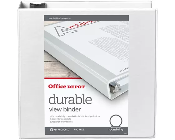 

Office Depot Brand Durable View 3-Ring Binder, 3in Round Rings, 49% Recycled, White