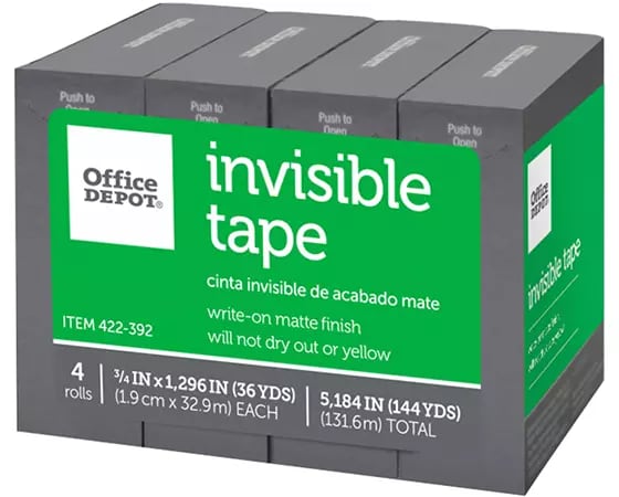 Office Depot Brand Invisible Tape, 3/4in x 1296in, Clear, Pack of 4 Rolls