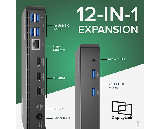 Plugable 12-in-1 USB-C Triple Monitor Docking Station, 100W Laptop