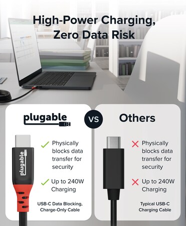 Plugable 240W USB-C Charging Cable with Data Blocking, 6.6 ft