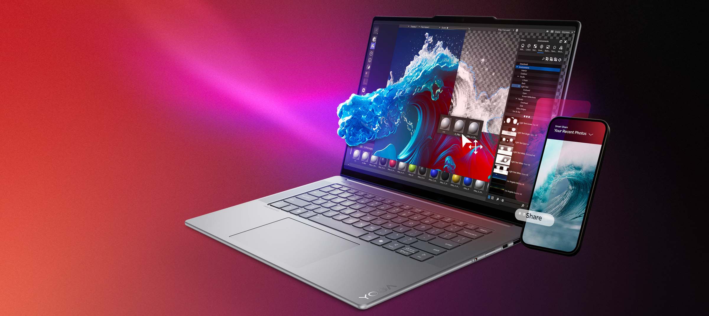 Front right view of the Yoga Slim 7i Aura Edition laptop PC, with a 3d aquatic scene on its display, alongside a phone illustrating sharing technology.