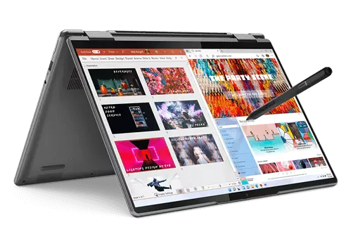 Yoga 7i 2-in-1 in tent mode, with four people in a conference app on the display