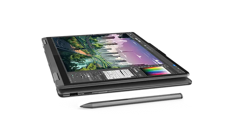 Side view of the Lenovo Yoga 7 2-in-1 Gen 9 (14 AMD) in tablet mode