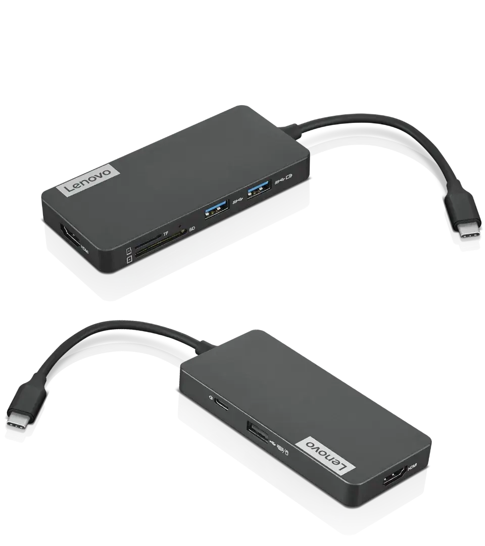 Two Lenovo USB-C 7-in-1 Hubs showing ports on front, rear, and left sides.