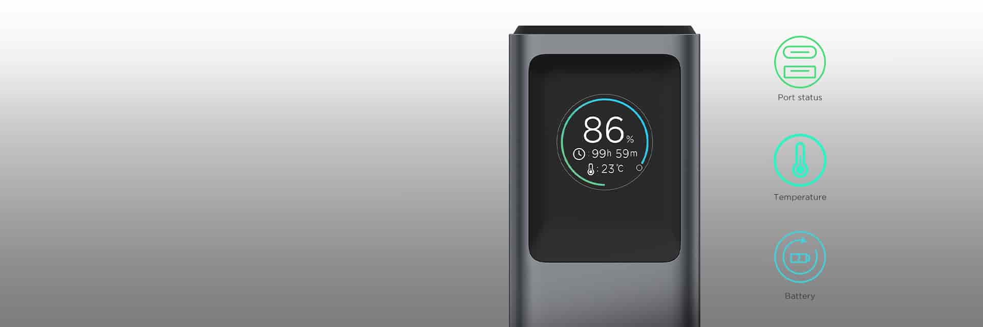 A compact device with a digital display showing battery, time, and temperature.