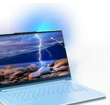Lenovo laptop opened, screen showing a lightning bolt out at sea