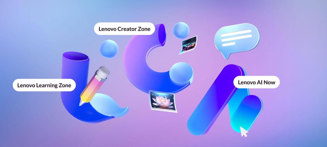 Lenovo Learning Zone, Lenovo AI Now, & Lenovo Creator Zone applications titles with abstract icons floating on blue background