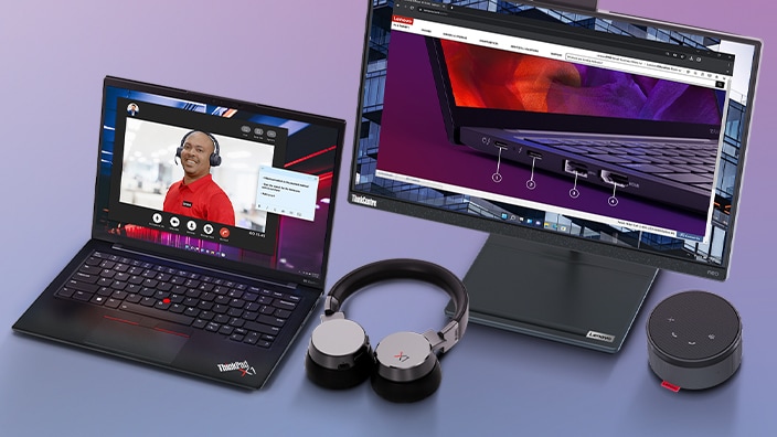 A Lenovo X1 laptop and headphones, a Lenovo Thinkcentre and a lenovo speaker on a light blue background