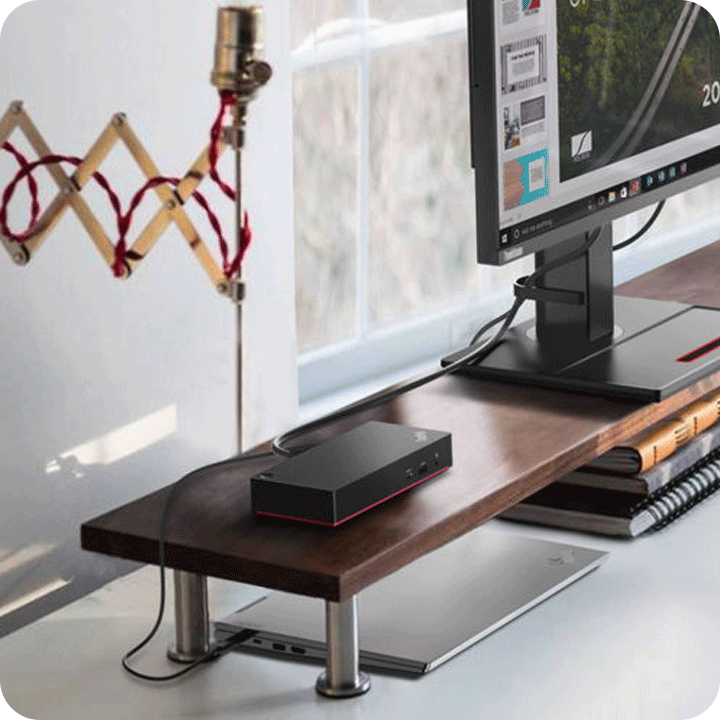 At home, the dock connects with one laptop and one monitor.