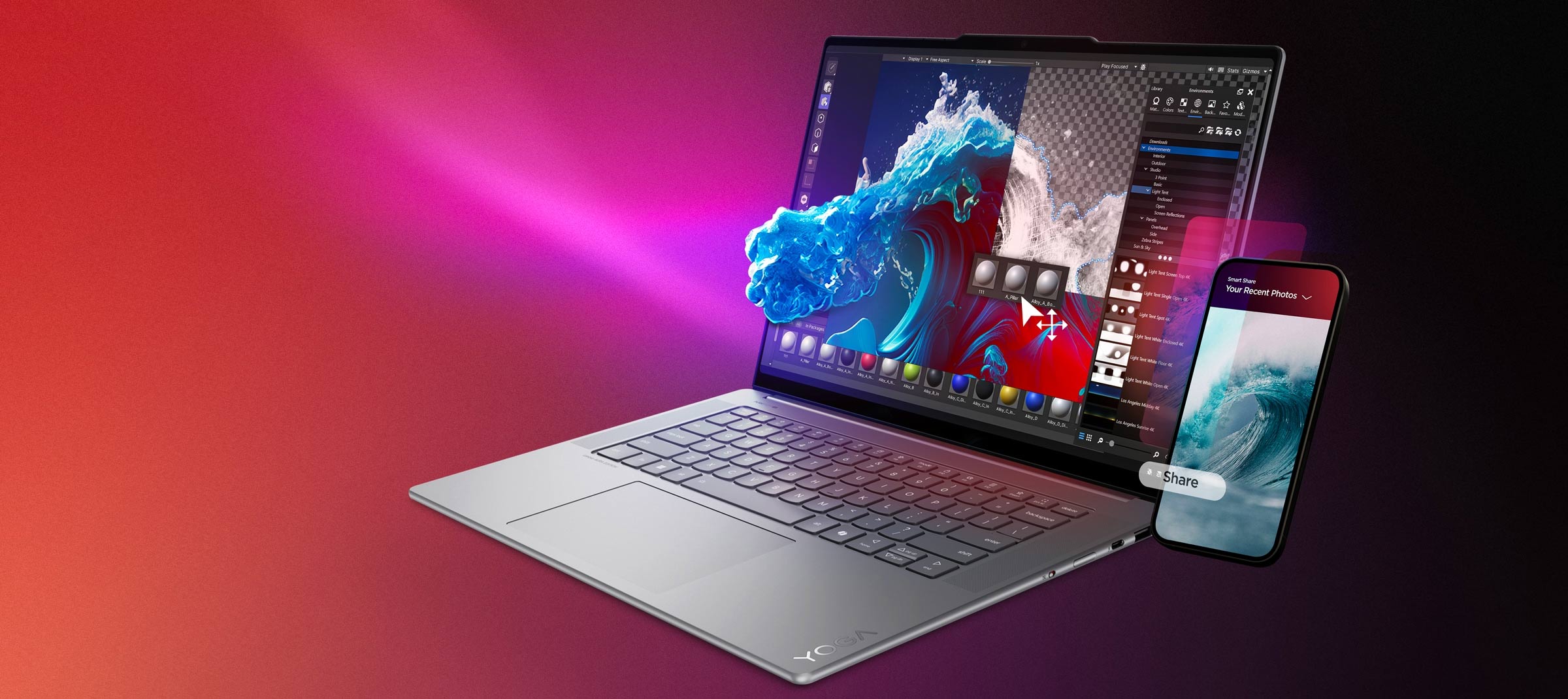 Ο φορητός υπολογιστής Lenovo Yoga εμφανίζει ένα πρόγραμμα 3D animation στην οθόνη με μια απεικόνιση λουλουδιών που δημιουργείται από υπολογιστή και βγαίνει από την οθόνη.