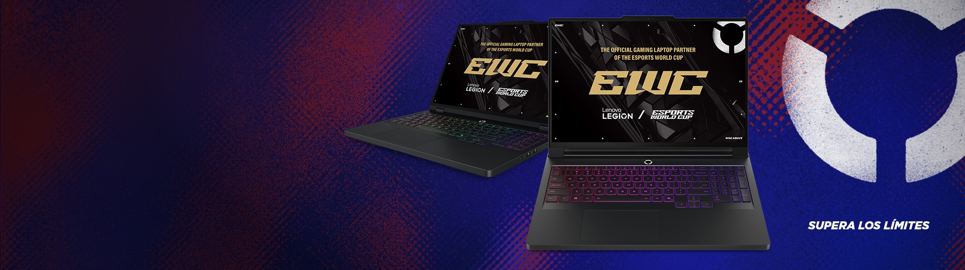Dos laptops Legion vista abierta de frente  y una frente lateral con el teclado iluminado multicolor y screenfill de Esports World Cup, y la frase Supera los Límites.