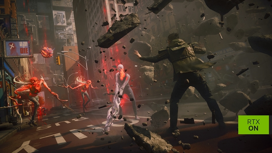 Escena de acción de CONTROL Resonant con efectos visuales, iluminación y destrucción mejorados mediante NVIDIA DLSS 4.5 y GeForce RTX Serie 50.