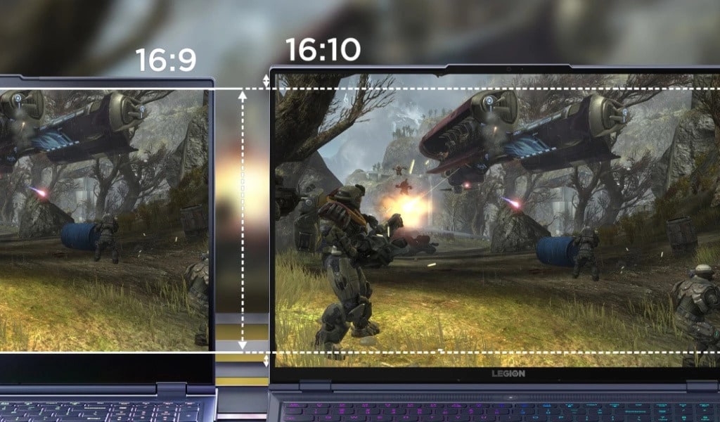 Two laptops side by side, one with screen display of 16:9, another one is 16:10