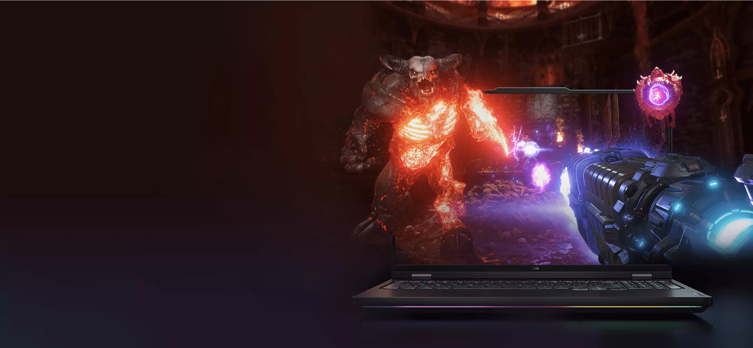 Frontal close-up view of Lenovo Legion Pro 7 open to 90 degrees with game image bursting out of the display.