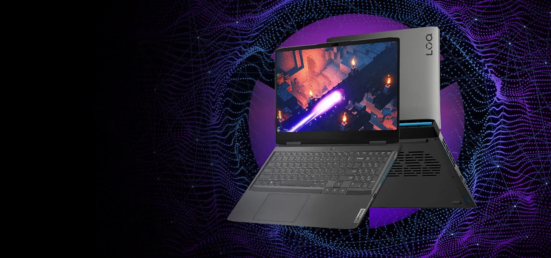 Two Lenovo Legion LOQ laptops sitting back-to-back, open 140 degrees, and facing front-left
