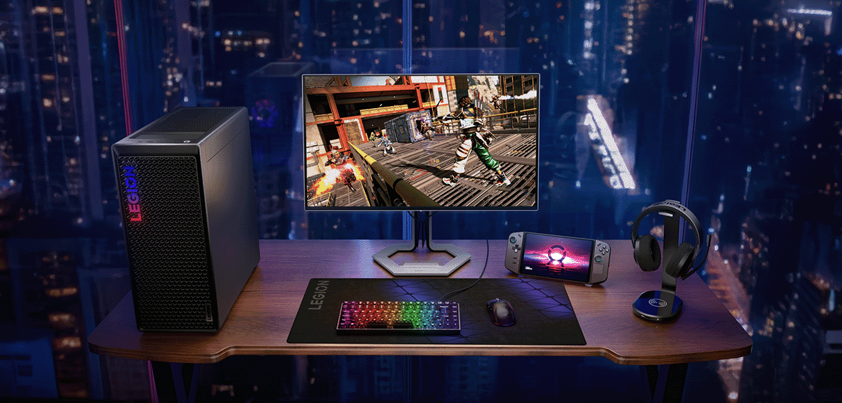 A panoramic view illustrating the Legion Pro monitor seamlessly integrated with a range of peripherals.