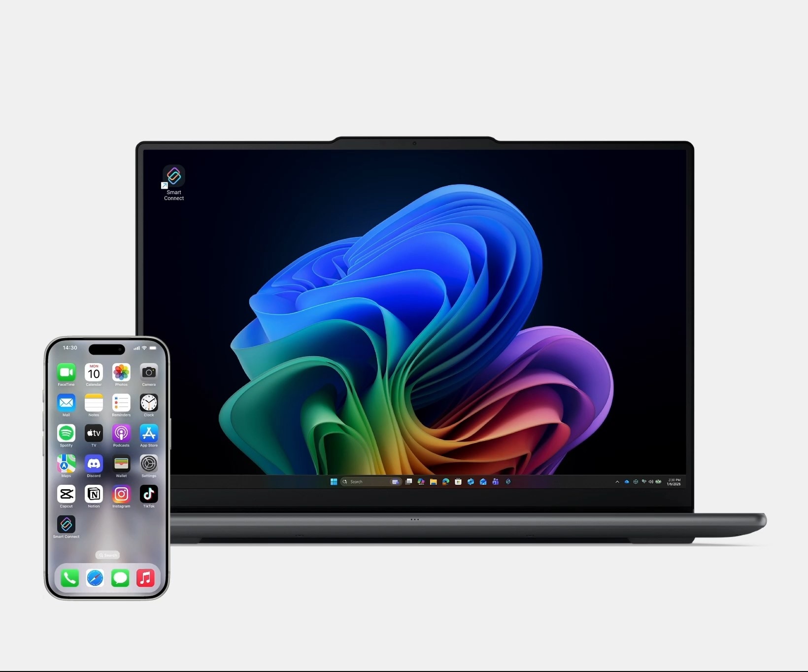 An iPhone taps a Lenovo Yoga Aura PC to open Smart Connect Gallery showing photos from the phone.