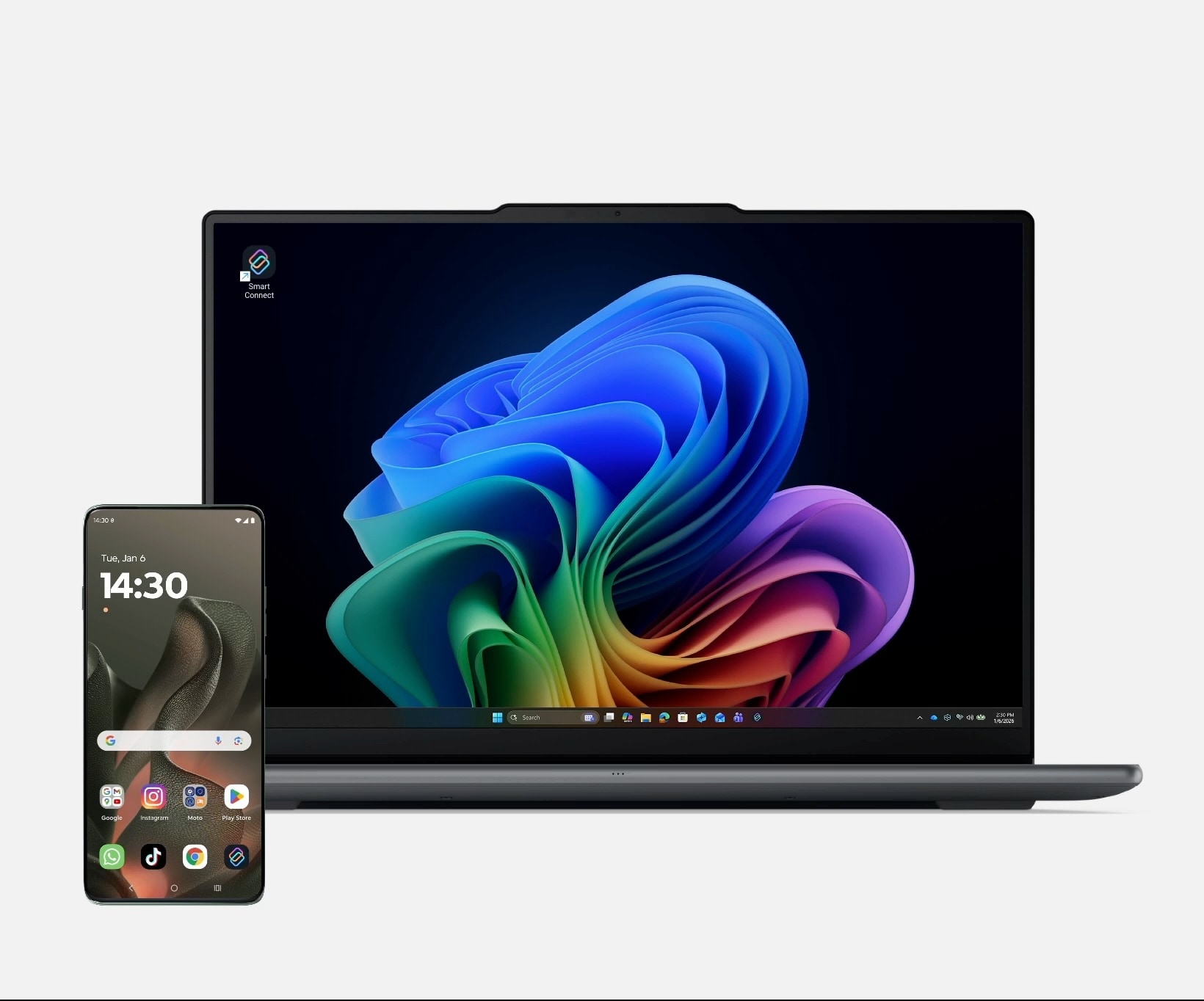 Um smartphone Motorola toca num PC Lenovo Yoga Aura para abrir a Galeria Smart Connect, que mostra as fotos do telefone.