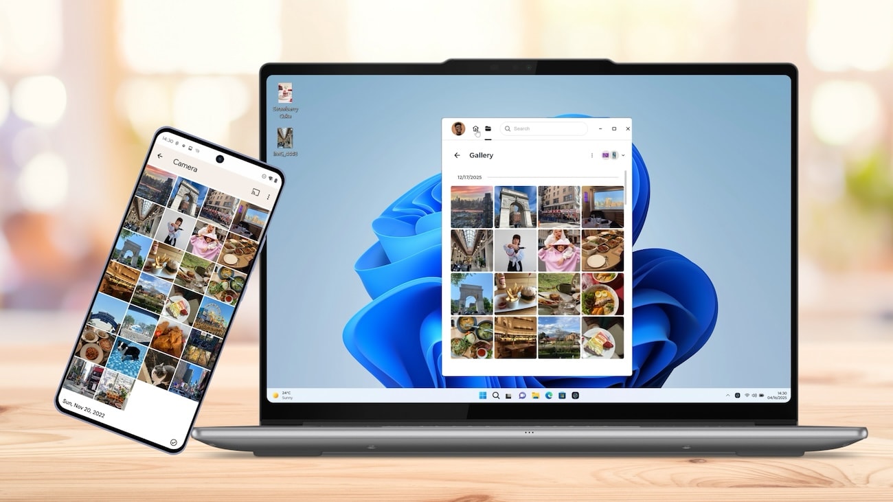 Un teléfono toca un ordenador Aura Edition para iniciar la galería de Smart Connect, que puede recolocarse en el tablero de control.