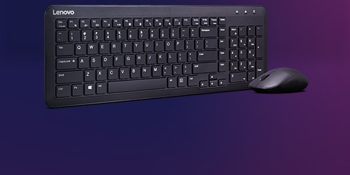 A Lenovo 300 Wireless Combo Keyboard and Mouse is featured on a background. 